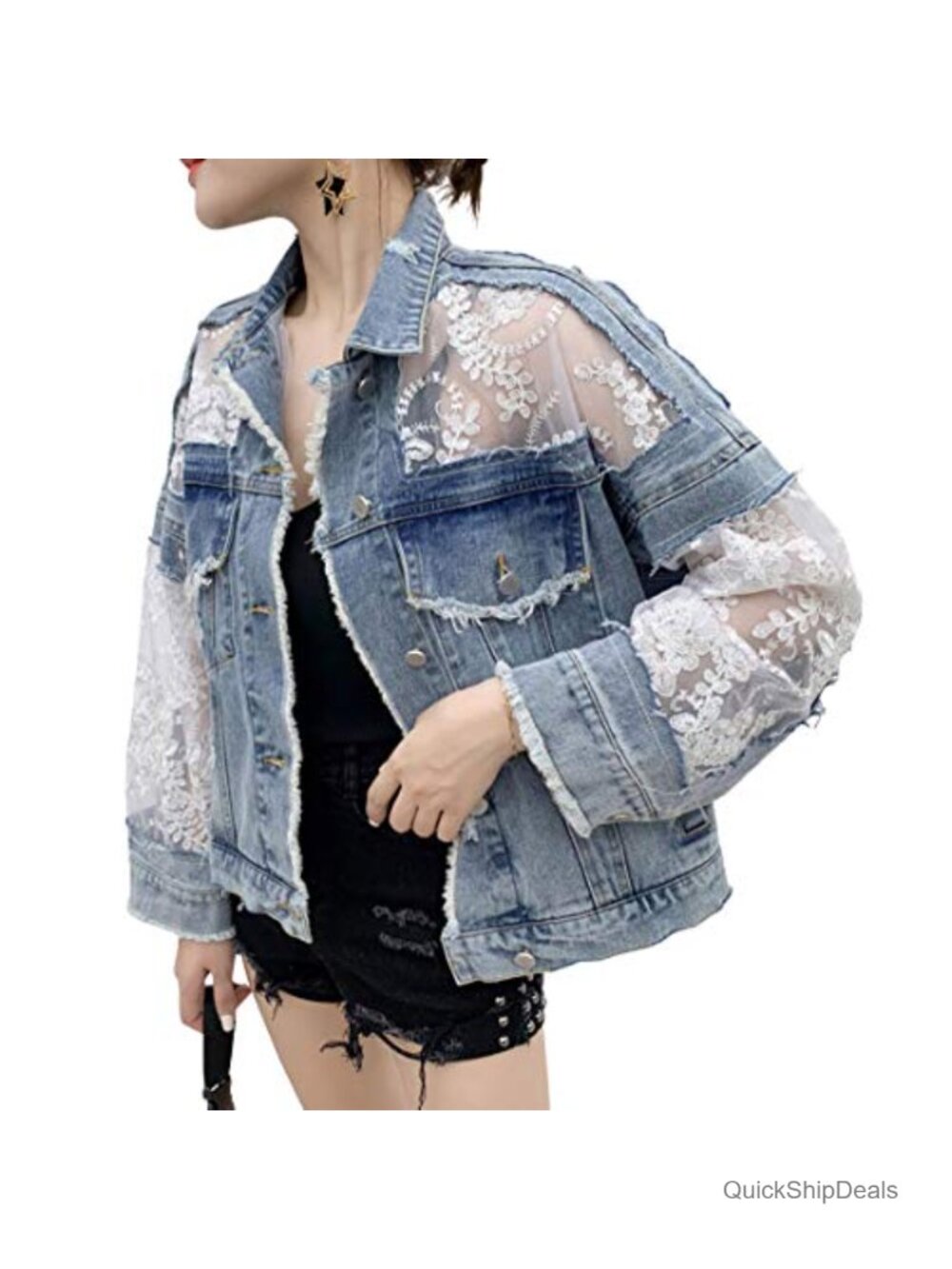 Women's Floral Embroidery Lace Crop Denim Jacket Ripped Distressed Jean Jacket